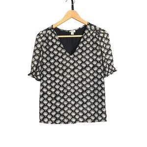 J.Crew‎ Black & White Seashell Smocked Crinkle Puff-sleeve